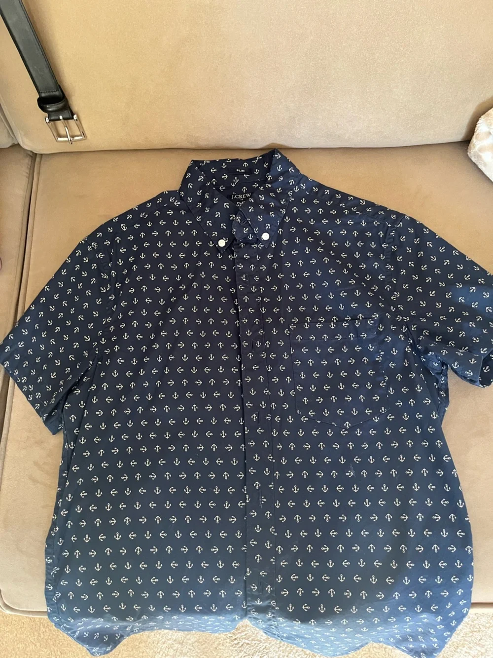 J. Crew Navy and White Anchor-Print Short Sleeve Button-Down Shirt